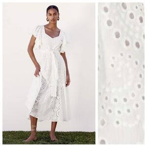 NWT. Zara White Cutwork Embroidery Midi Dress with V-neckline. Size S.